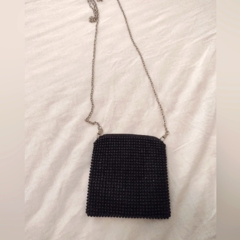 Unbranded small 5x5 black beaded evening shoulderbag with 45" silver metal chain